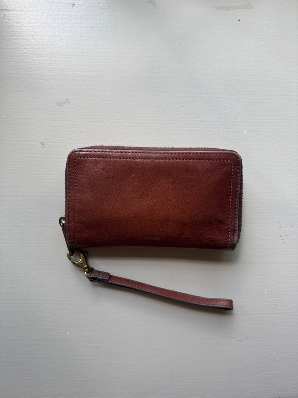 Fossil Rustic Brown Leather Wristlet with Gold Hardware